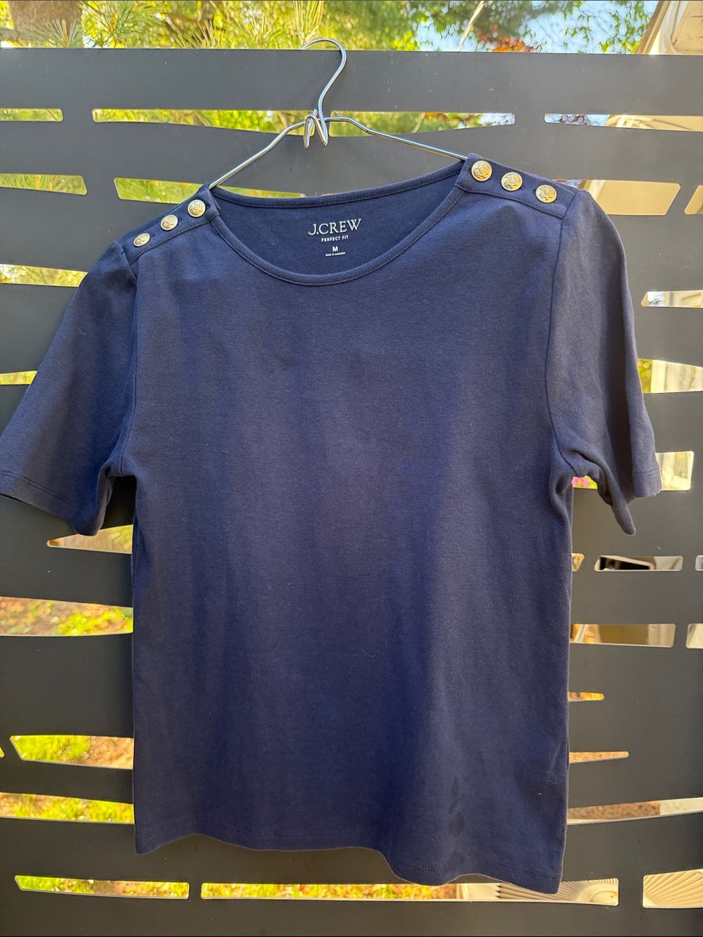 J. Crew Navy Short Sleeve Top with Gold Shoulder Buttons Sz M